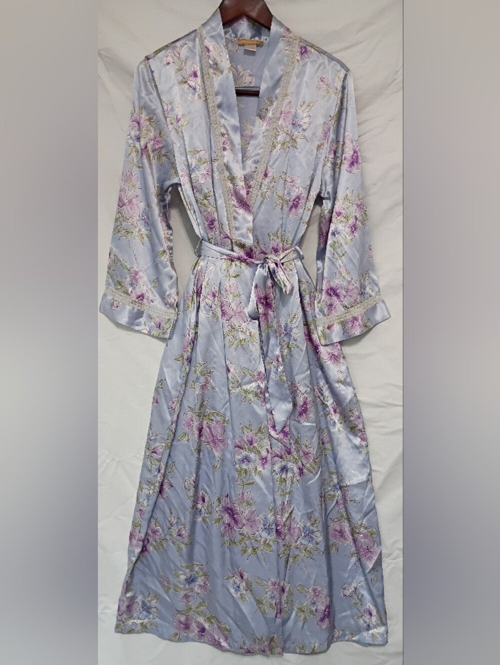 Satin Floral Tie-Waist Robe in Light Blue with Lavender Accents